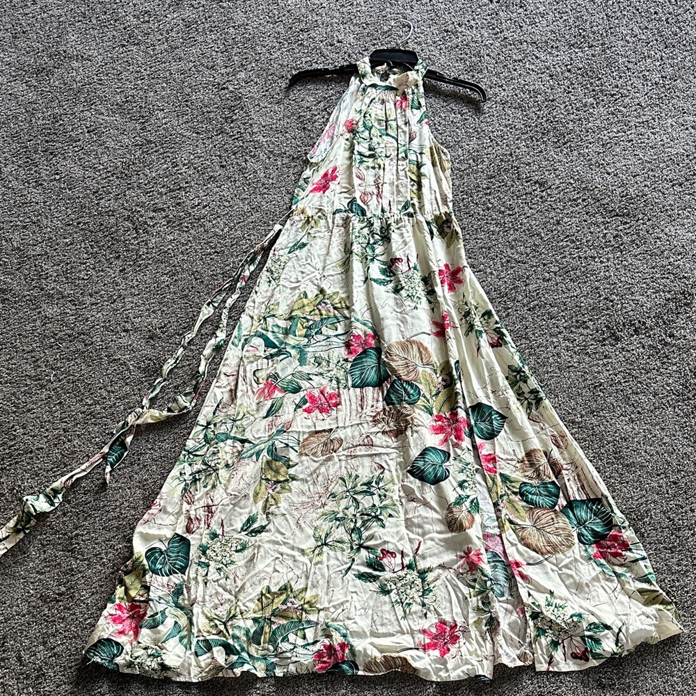 SHEIN Cream Halter Maxi Dress with Green & Pink Floral Print